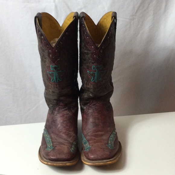 Tin Haul Arrowhead Dark Brown and Burgundy Boots with Teal Stitching - Picture 4 of 12